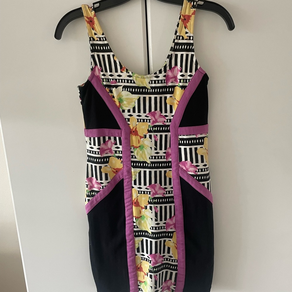 MINKPINK Black Dress with Floral and Striped Design